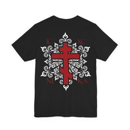 ICXC NIKA Red Orthodox Cross BACK w/ Red Cross on Front Left Breast | White Medieval Floral Design | Orthodox Christian Cotton T-Shirt