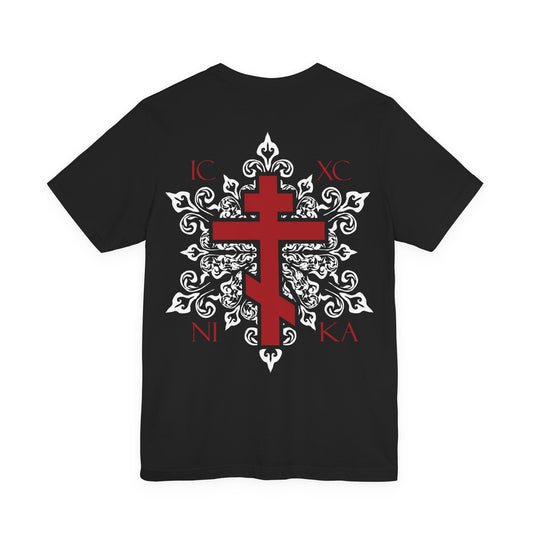 ICXC NIKA Red Orthodox Cross BACK w/ Red Cross on Front Left Breast | White Medieval Floral Design | Orthodox Christian Cotton T-Shirt