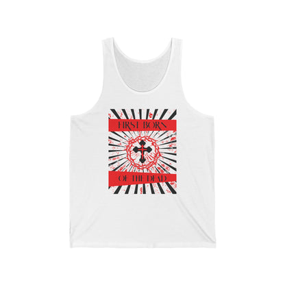 First Born of the Dead | Orthodox Cross and Crown of Thorns | Red White and Black Textured Design with Rays | Orthodox Christian Jersey Tank Top / Sleeveless Shirt