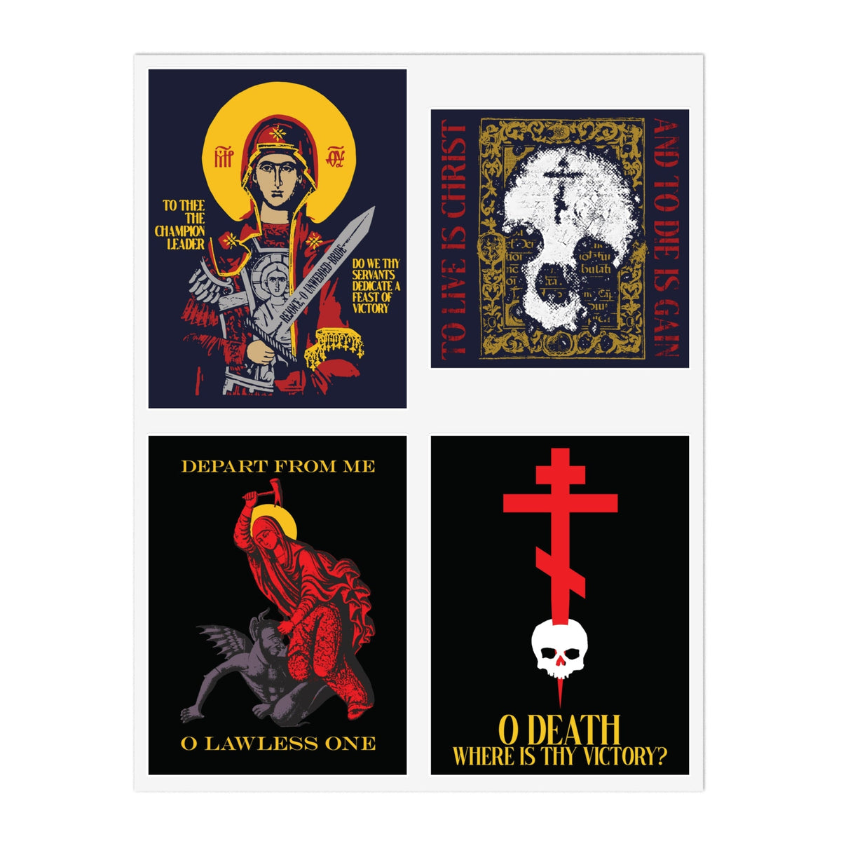 Bestseller Mix No. 1 includes four Orthodox stickers—Theotokos Champion Leader, St Marina, Death Where is Thy Victory, and To Live is Christ. These striking designs feature saints, bold text proclaiming victory over death, crosses, and skulls. Inspired by the Remembrance of Death and evocative of Orthodox icon stickers, each sticker blends profound spiritual meaning with powerful imagery.