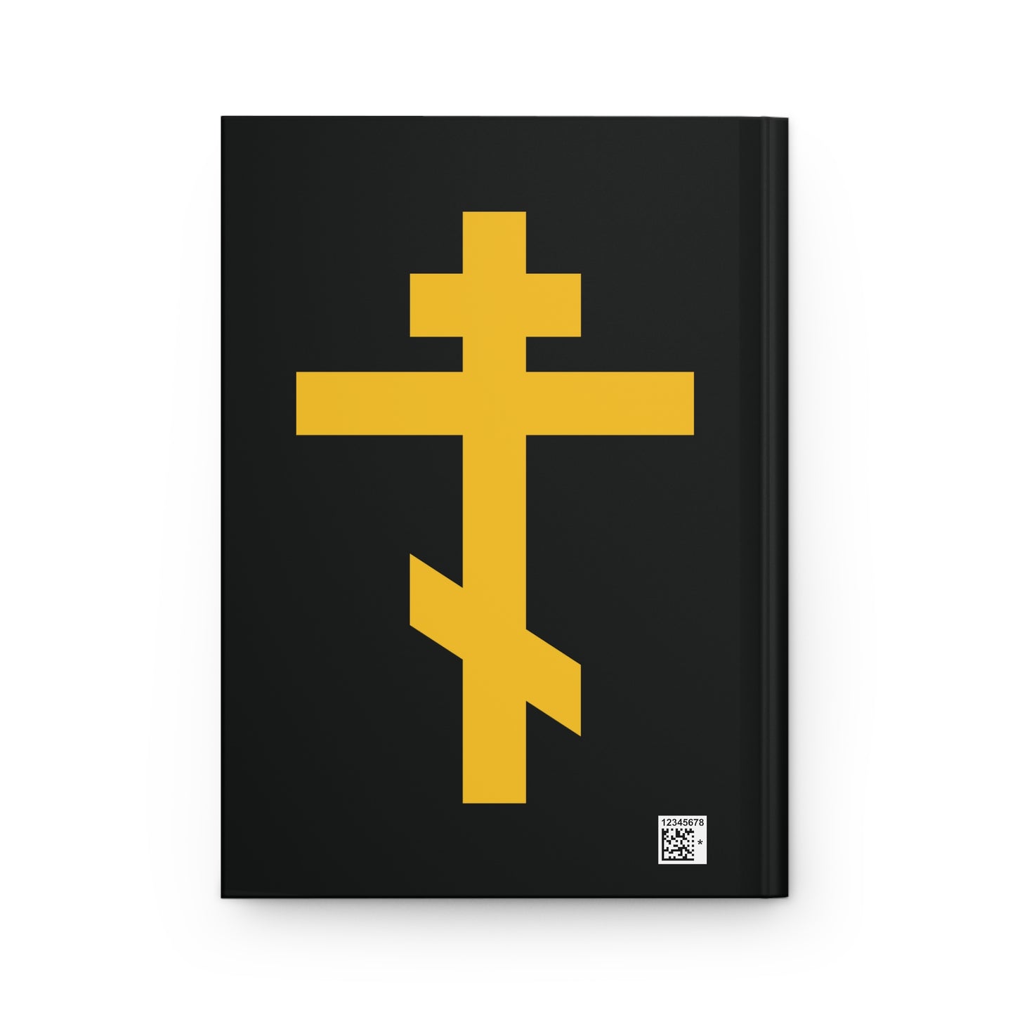 A black hardcover journal titled "Yellow Orthodox Cross Black Background | Precious and Life-Giving Weapon of Unseen Warfare | Scourge of Demons" features a prominent yellow Eastern Orthodox cross inspired by Galatians 2:20.