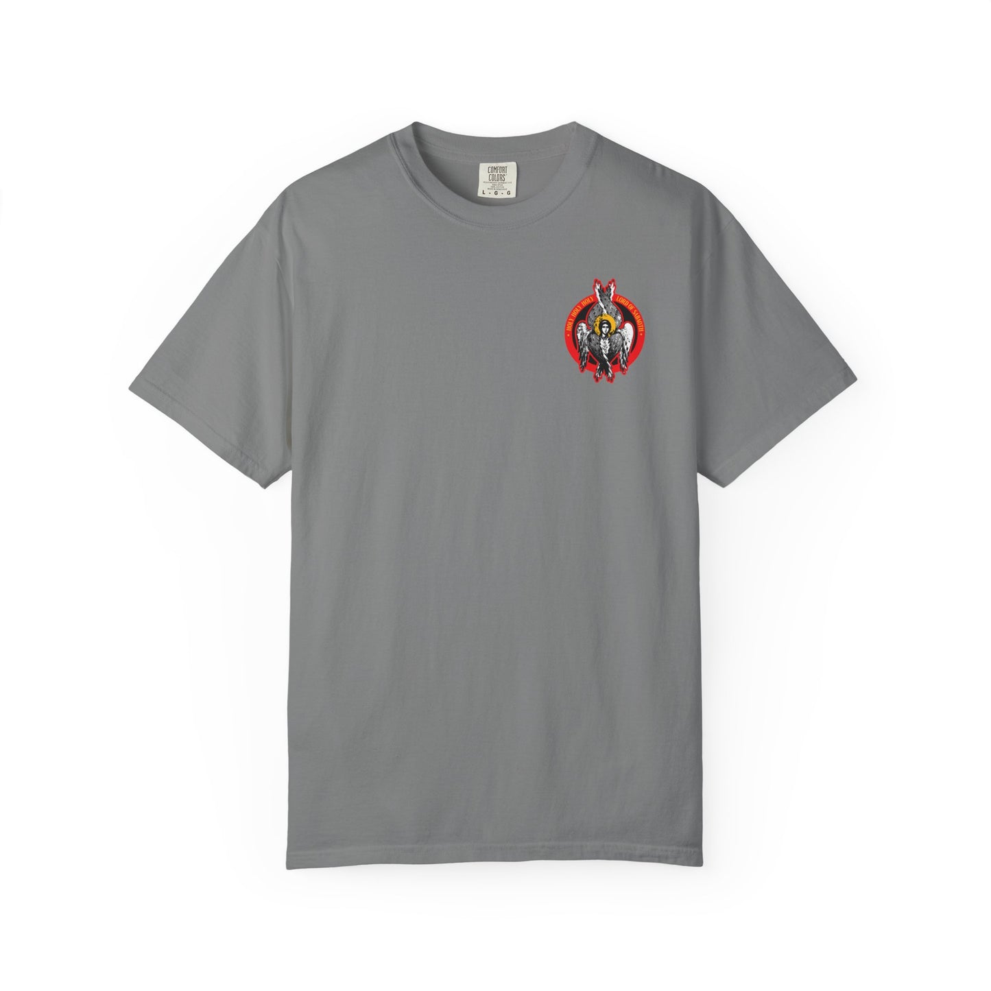 Grey heavyweight cotton unisex tee featuring a small Seraphim angel icono-graphic on the left chest, inspired by the Heavenly Hosts of God and Orthodox tradition.