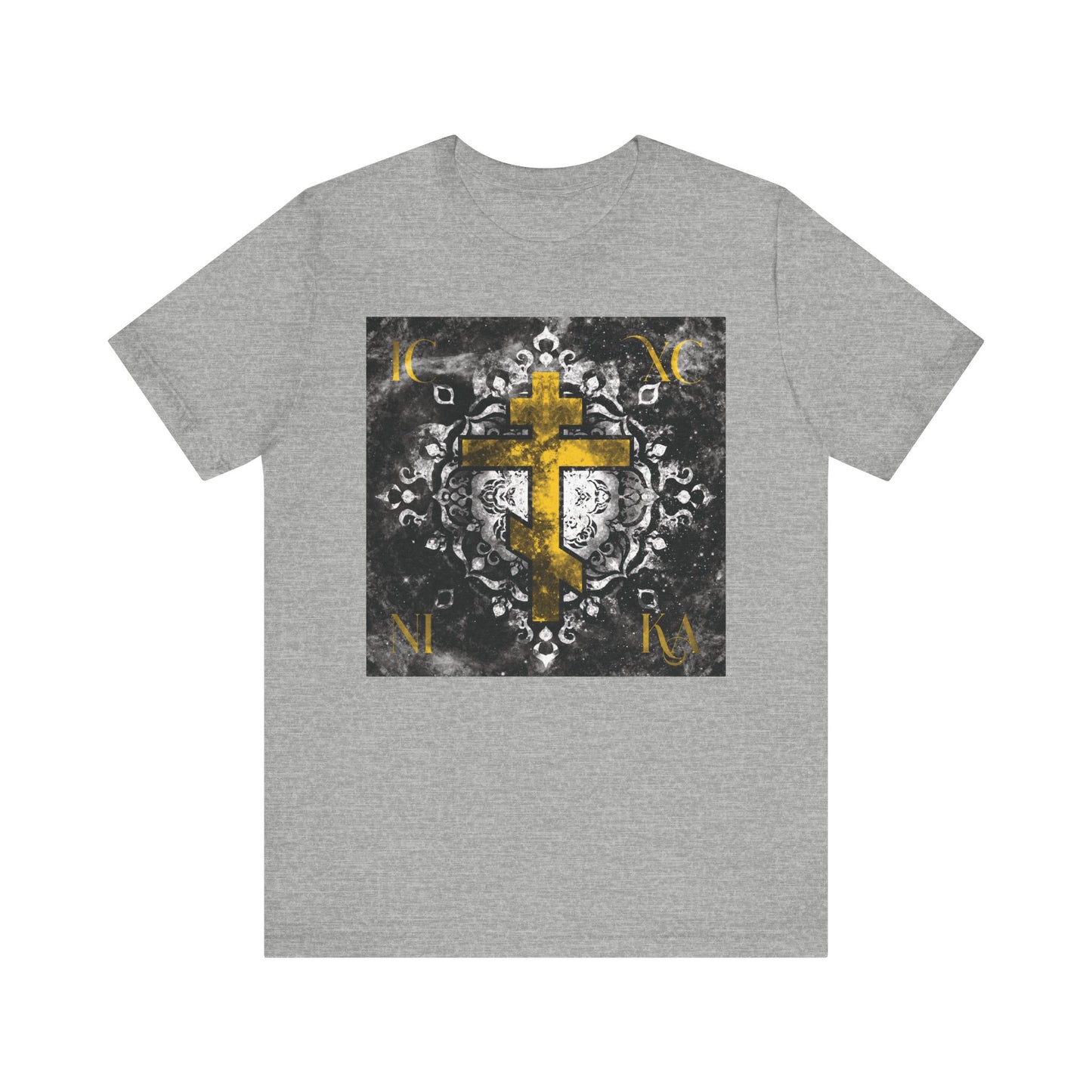 Gray unisex tee featuring a gold ICXC NIKA Orthodox Cross set against a grayscale ornate floral texture background, with symbolic designs inspired by the Wednesday Matins service and reflecting the solemn remembrance of Christ God's passion.