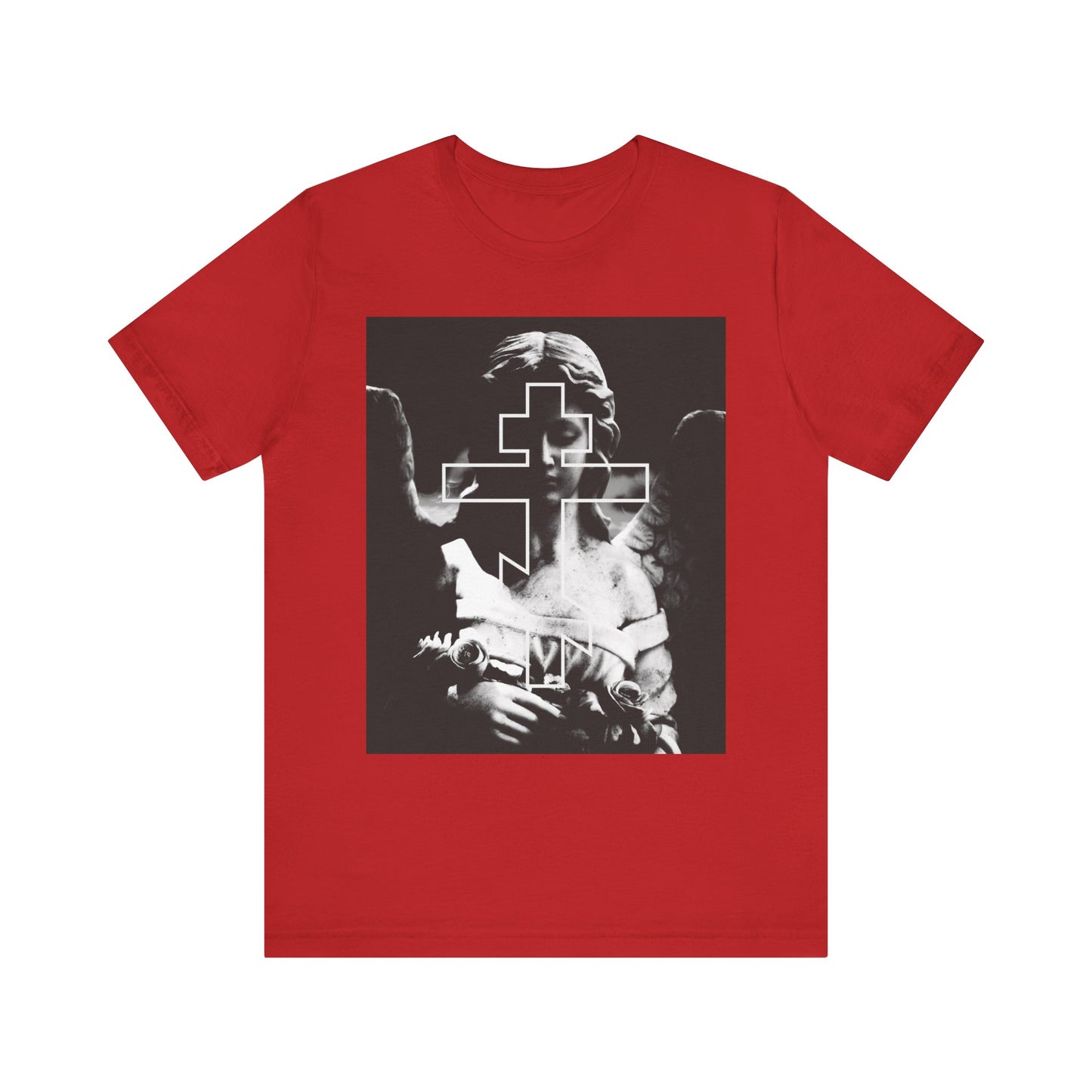 Red Cemetery Angel Orthodox Cross tee in lightweight cotton with grayscale goth aesthetic cross graphic on the front—perfect for expressing a memento mori mindset.