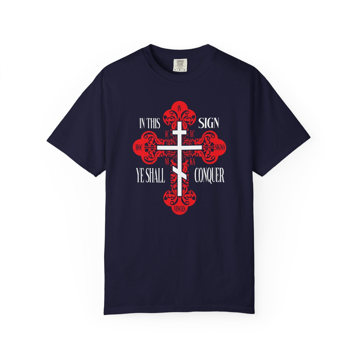 True Navy heavyweight cotton unisex t-shirt featuring a red ornate Orthodox cross and "In This Sign Ye Shall Conquer," symbolizing strength in spiritual warfare. Design includes ICXC NIKA and "Christ Conquers.