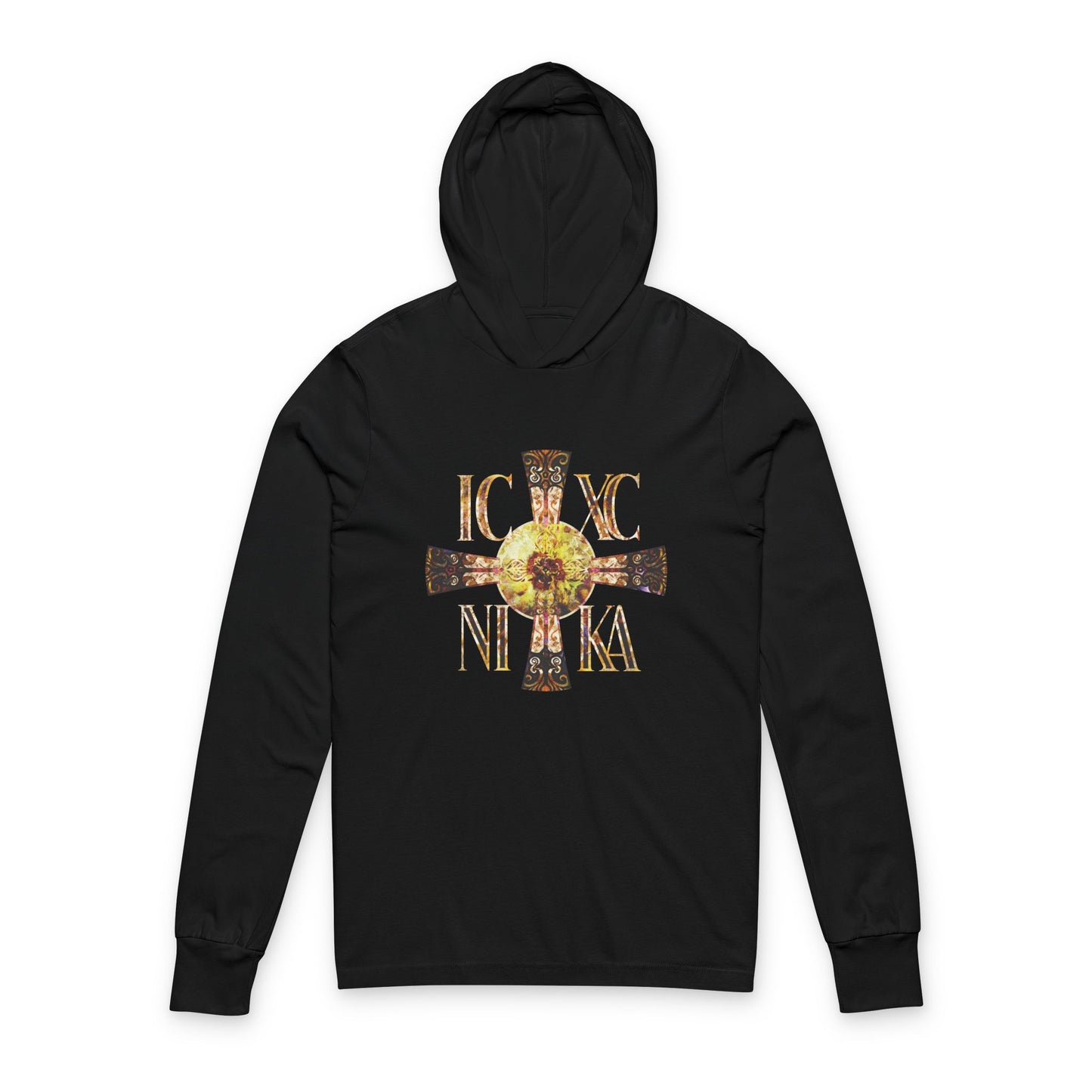 ICXC NIKA Celtic Style Equal Armed Cross | Bright Solar Texture | Orthodox Long Sleeve Hooded Shirt