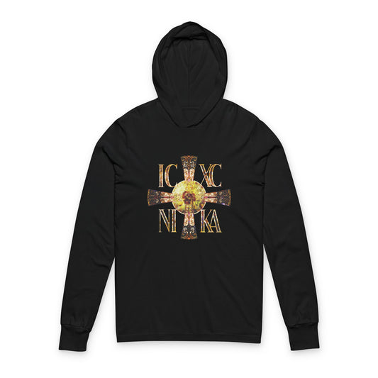 ICXC NIKA Celtic Style Equal Armed Cross | Bright Solar Texture | Orthodox Long Sleeve Hooded Shirt