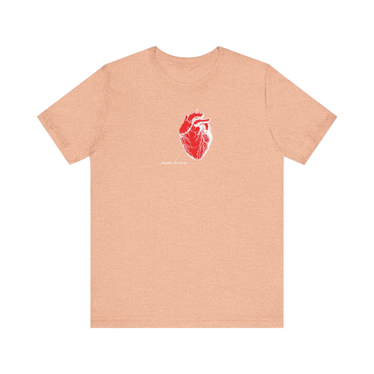 Heather peach unisex t-shirt featuring an antique medical textbook heart design with inverted shadows, inspired by the Orthodox Christian theme "Remember You Will Die" from St John of the Ladder’s teachings.