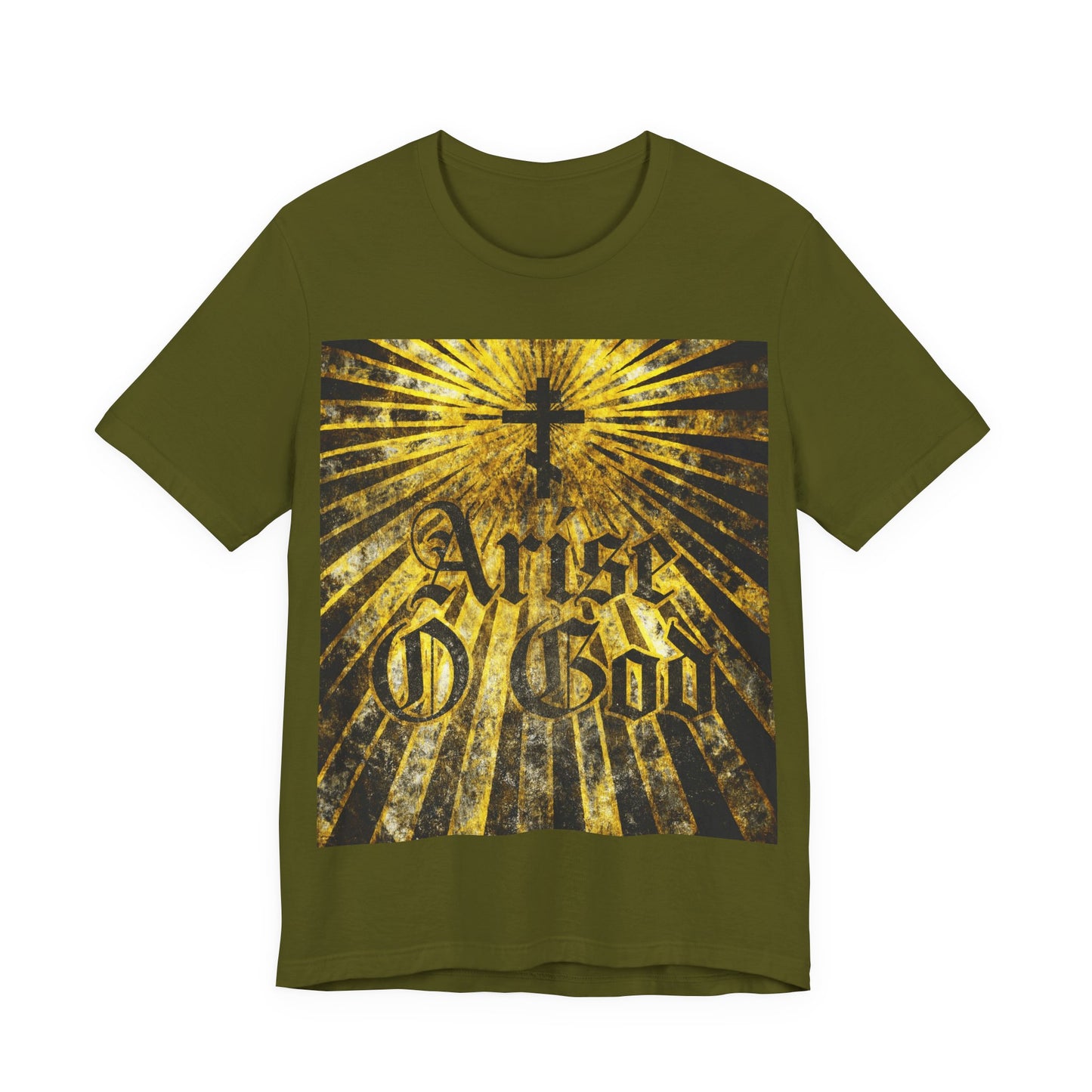 Olive “Arise O God” t-shirt with Orthodox cross, radiant golden rays, and textured Gothic font—Psalm 81 (82 LXX) inspires this Orthodox Christian design rooted in the Divine Council worldview.