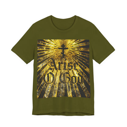 Olive “Arise O God” t-shirt with Orthodox cross, radiant golden rays, and textured Gothic font—Psalm 81 (82 LXX) inspires this Orthodox Christian design rooted in the Divine Council worldview.