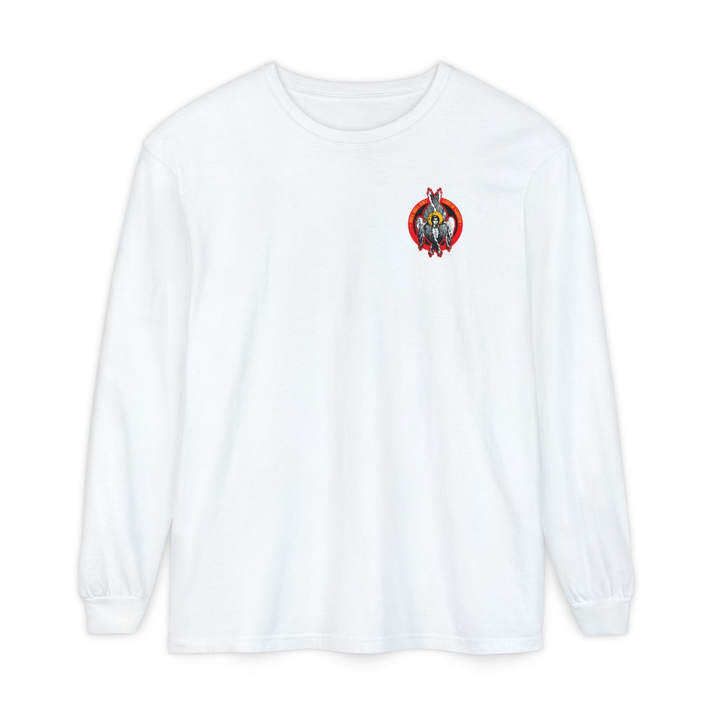 White "Holy Holy Holy Seraphim Angel Icono-Graphic" long-sleeve cotton shirt featuring a small, colorful angels-in-heart design on the left chest.