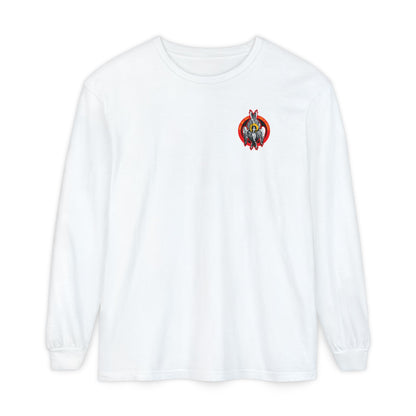 White "Holy Holy Holy Seraphim Angel Icono-Graphic" long-sleeve cotton shirt featuring a small, colorful angels-in-heart design on the left chest.