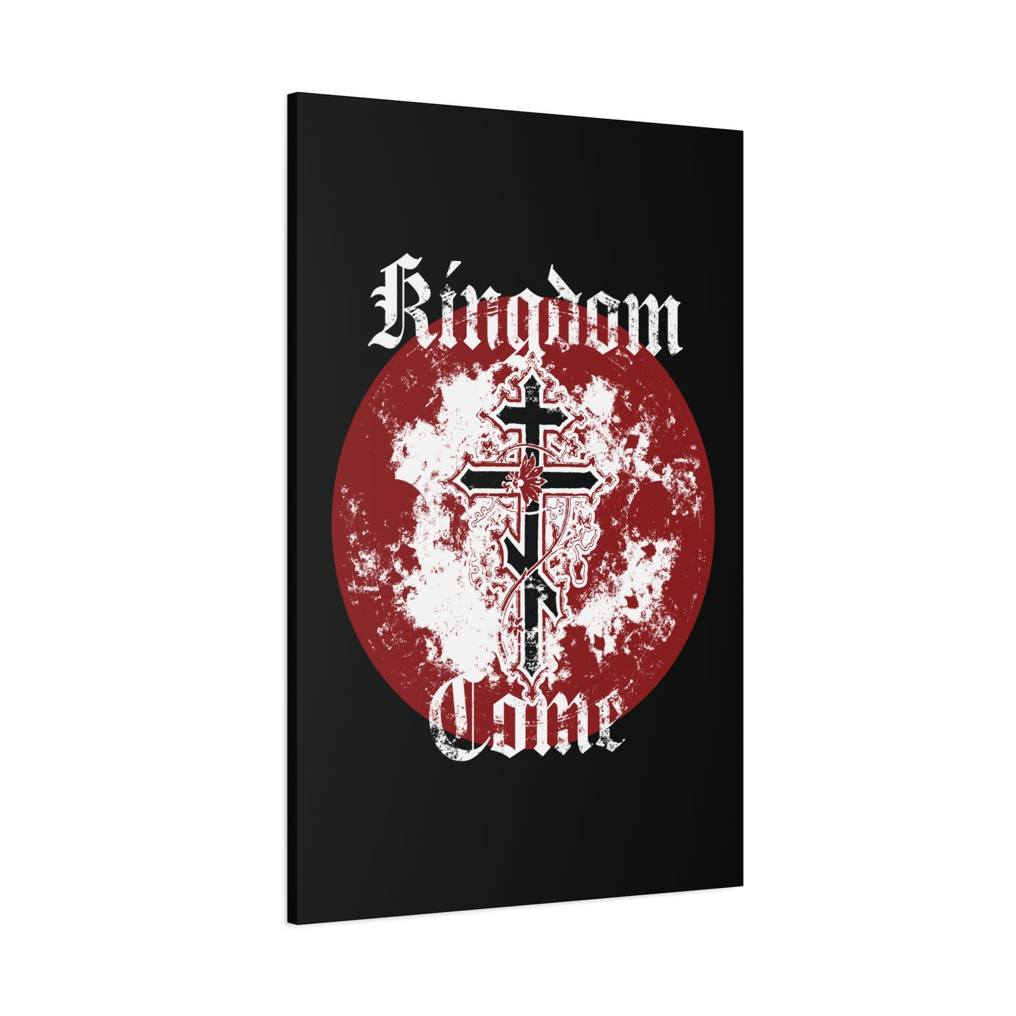 This black canvas art features a red distressed circle, white Orthodox crosses with vine, and "Kingdom Come" in textured Gothic font—reflecting the Lord’s Prayer. Product: Kingdom Come | Lord's Prayer | Orthodox Cross with Vine.