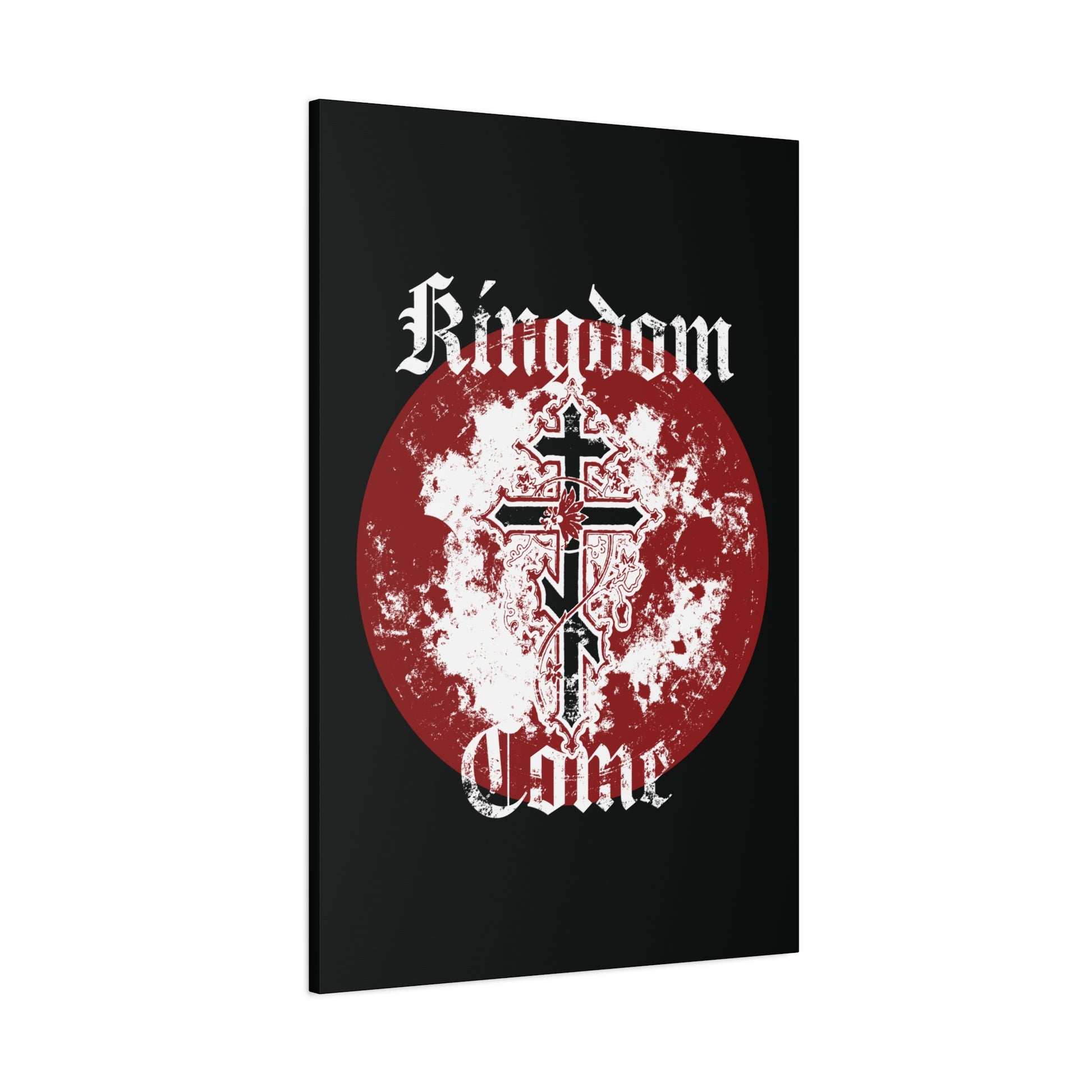 This black canvas art features a red distressed circle, white Orthodox crosses with vine, and "Kingdom Come" in textured Gothic font—reflecting the Lord’s Prayer. Product: Kingdom Come | Lord's Prayer | Orthodox Cross with Vine.