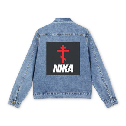 NIKA Red Orthodox Cross | NIKE Logo Mashup | Sports Logo Aesthetic | Orthodox Christian Blue Denim Jacket