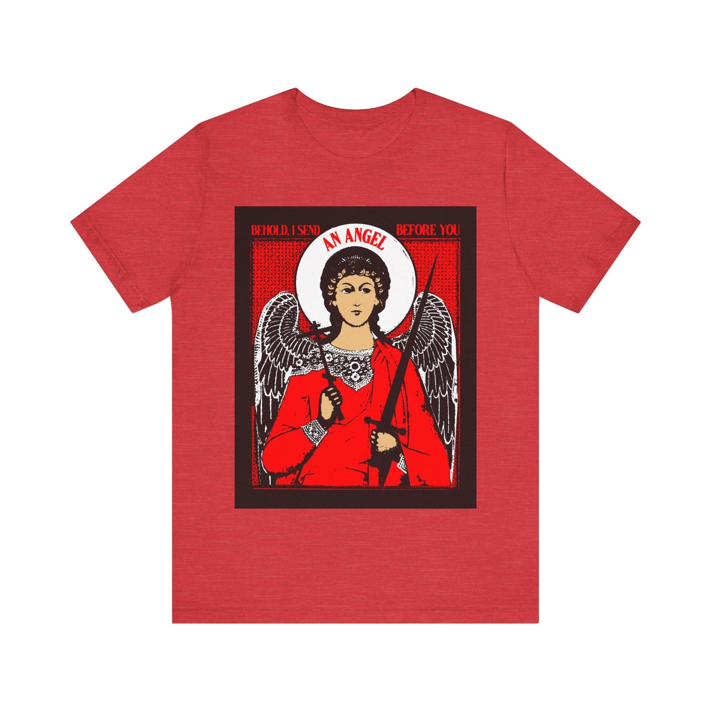 Behold, I Send an Angel Before You (Exodus 23:20) | Guardian Angel With Cross and Sword IconoGraphic | Orthodox Christian Cotton T-Shirt