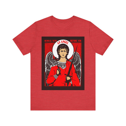 Behold, I Send an Angel Before You (Exodus 23:20) | Guardian Angel With Cross and Sword IconoGraphic | Orthodox Christian Cotton T-Shirt