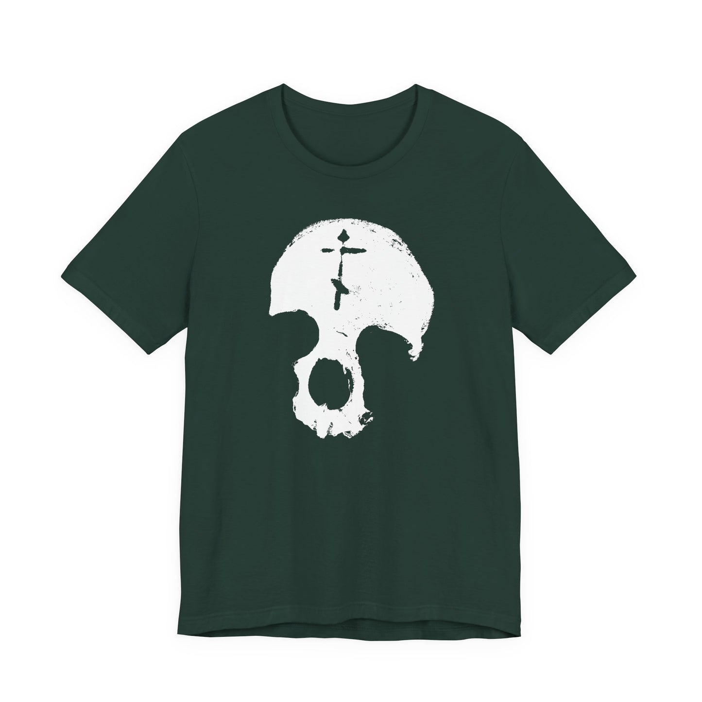 Forest green cotton unisex tee featuring a minimalist white skull with an Orthodox cross— a memento mori design reminding us “All is Vanity” and the fleeting nature of human glory.