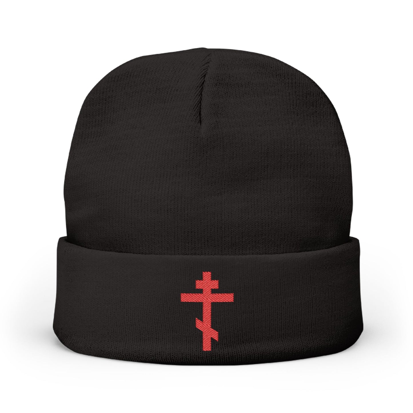Simple Red Orthodox TriBar Cross | Nail My Passions to the Wood of Thy Precious Cross O Lord | Orthodox Christian Embroidered Knit Beanie