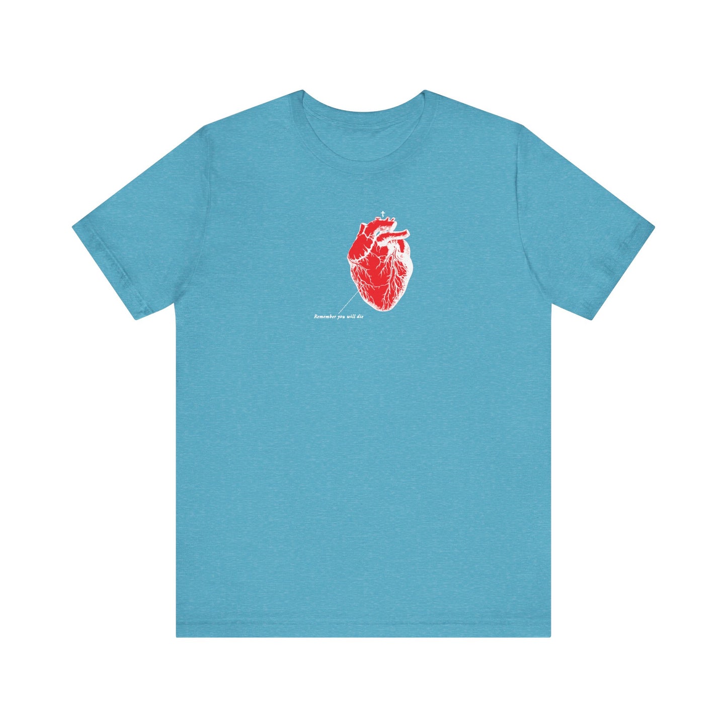 Heather Aqua unisex lightweight cotton T-shirt featuring an antique medical textbook heart design with inverted shadows and small white text reading "Handle my art"—an evocative Orthodox Christian graphic inspired by the spiritual mourning and contemplation of death associated with St. John of the Ladder. The shirt is titled "Remember You Will Die.