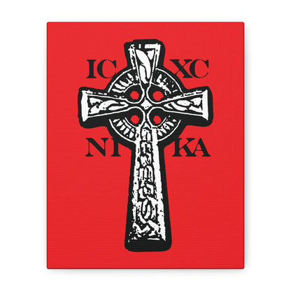 The ICXC NIKA Celtic Knotwork Cross features a black and white design on a bold red background, symbolizing "Jesus Christ Conquers." This traditional Orthodox Christian wall art brings powerful meaning to any space.