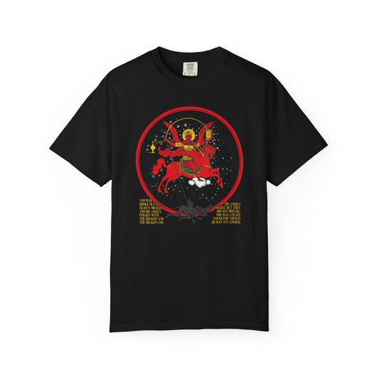 Certainly! Here’s a rewrite of your sentence using the provided product data: Black Archangel Michael of the Apocalypse Iconographic / Death is Swallowed Up In Victory DOUBLE-SIDED Orthodox Unisex Tee in heavyweight cotton, featuring a vivid red and yellow illustration of the winged Archangel on horseback inside a red circle—a striking reference to Revelation 12.