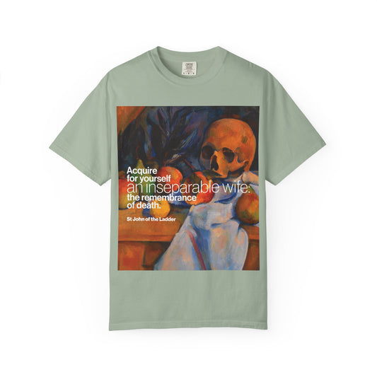 Bay t-shirt featuring Cezanne’s still life with a skull and a quote on the remembrance of death by St. John Climacus in white text.