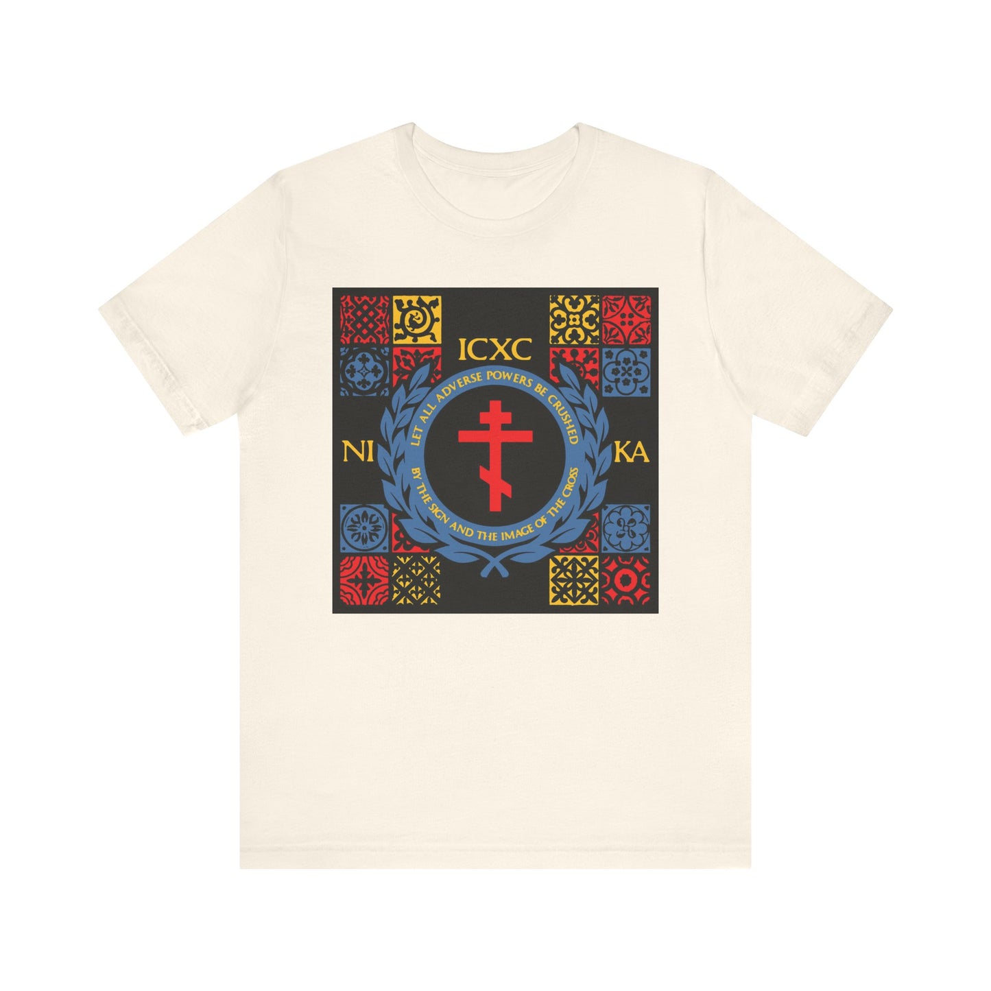 Natural lightweight cotton unisex t-shirt featuring a red, yellow, and blue medieval tile cross design inspired by the Katavasia of the Cross with ICXC NIKA Greek letters on the front.