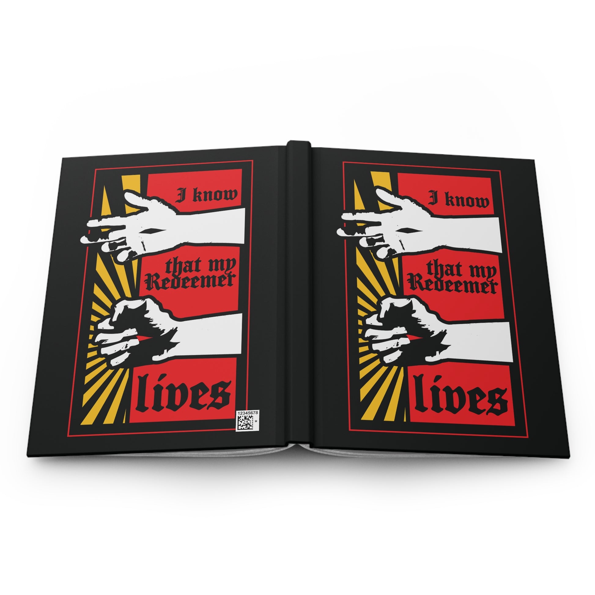 Bold comic book-style journal featuring a resurrected Jesus fist with divine power and the text "I Know That My Redeemer Lives" (Job 19:25). Orthodox Christian blank journal for reflecting on faith and assurance in seeing God.