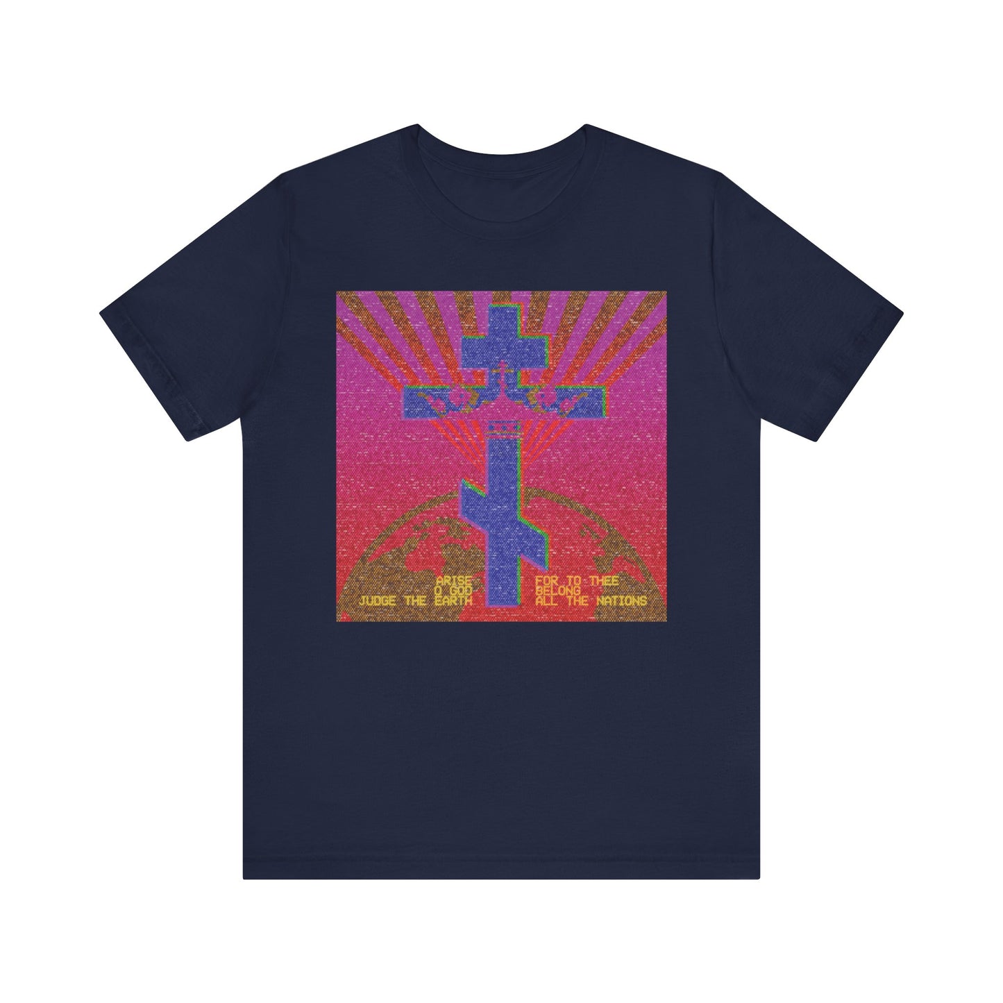 Navy “Arise, O God, Judge the Earth” t-shirt with 80s retro VCR/computer pixel art, inspired by Psalm 81. Lightweight cotton, unisex Orthodox Christian design.