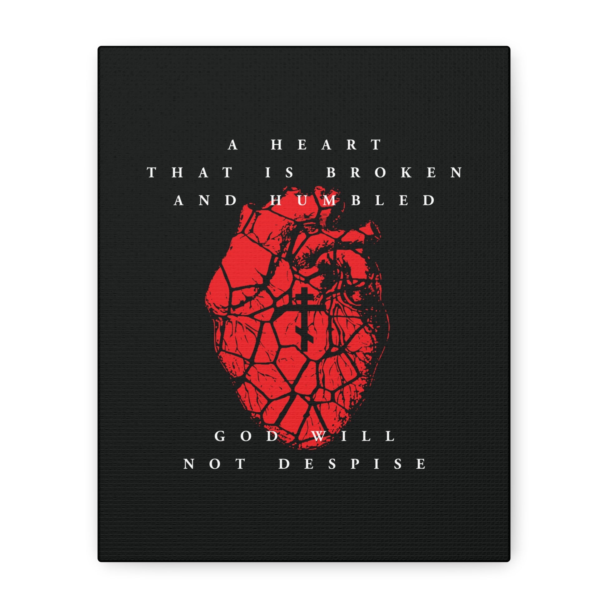 A Heart That is Broken and Humbled God Will Not Despise | Cracked red heart with Orthodox Cross inspired by Psalm 51’s prayer of repentance. Christian Canvas Art for reflection and faith.