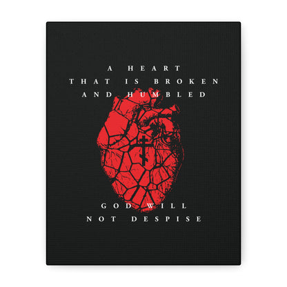 A Heart That is Broken and Humbled God Will Not Despise | Cracked red heart with Orthodox Cross inspired by Psalm 51’s prayer of repentance. Christian Canvas Art for reflection and faith.