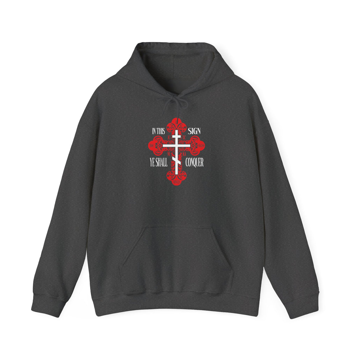 Dark Heather hoodie featuring a red ornate Orthodox cross and the words “In This Sign Ye Shall Conquer” on the front center, inspired by the life-giving Cross and the Orthodox Prayer of the Holy Cross. Product name: In This Sign Ye Shall Conquer | In Hoc Signo Vinces | ICXC NIKA | Red Ornate Orthodox Cross | Jesus Christ Conquers | Christian Hoodie.