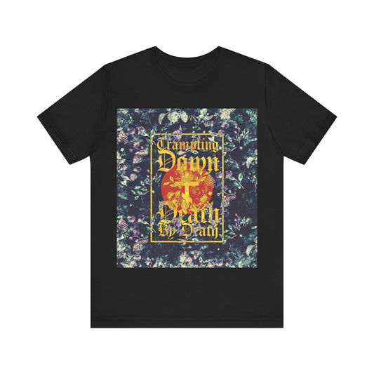 Trampling Down Death By Death | Paschal Floral Design with Gothic Script and Three-Bar Cross | Orthodox Christian T-Shirt