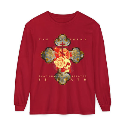 Remembrance of Death "The Final Enemy That Shall Be Destroyed Is Death" long sleeve features a metallic gothic cross with a skull and rose, referencing 1 Cor 15:26 on resurrection, perfect for Orthodox Christians.
