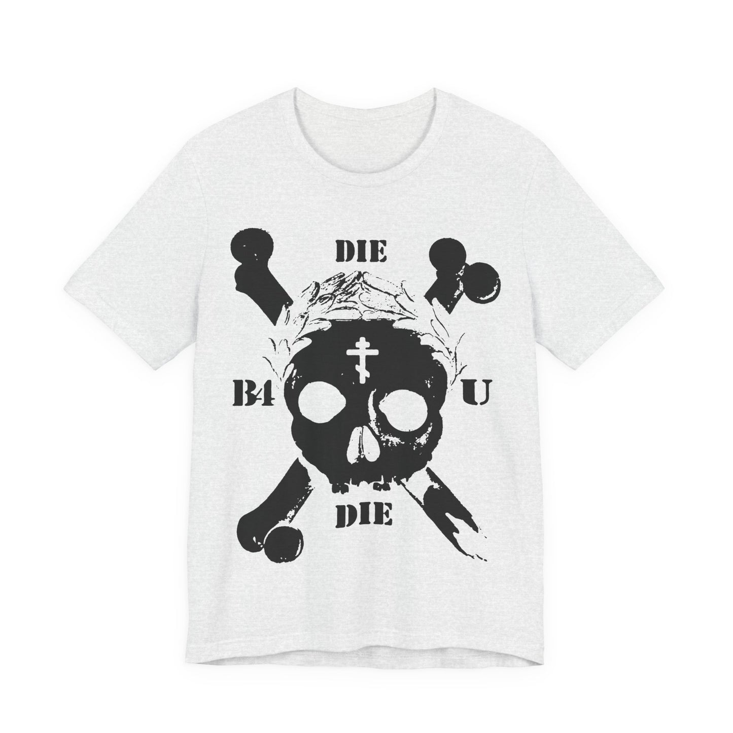 Ash t-shirt featuring a retro skull & crossbones, Orthodox cross, laurel wreath, and "Die Before You Die"—a memento mori inspired by Matthew 16:24-25 for ascetic Christians.