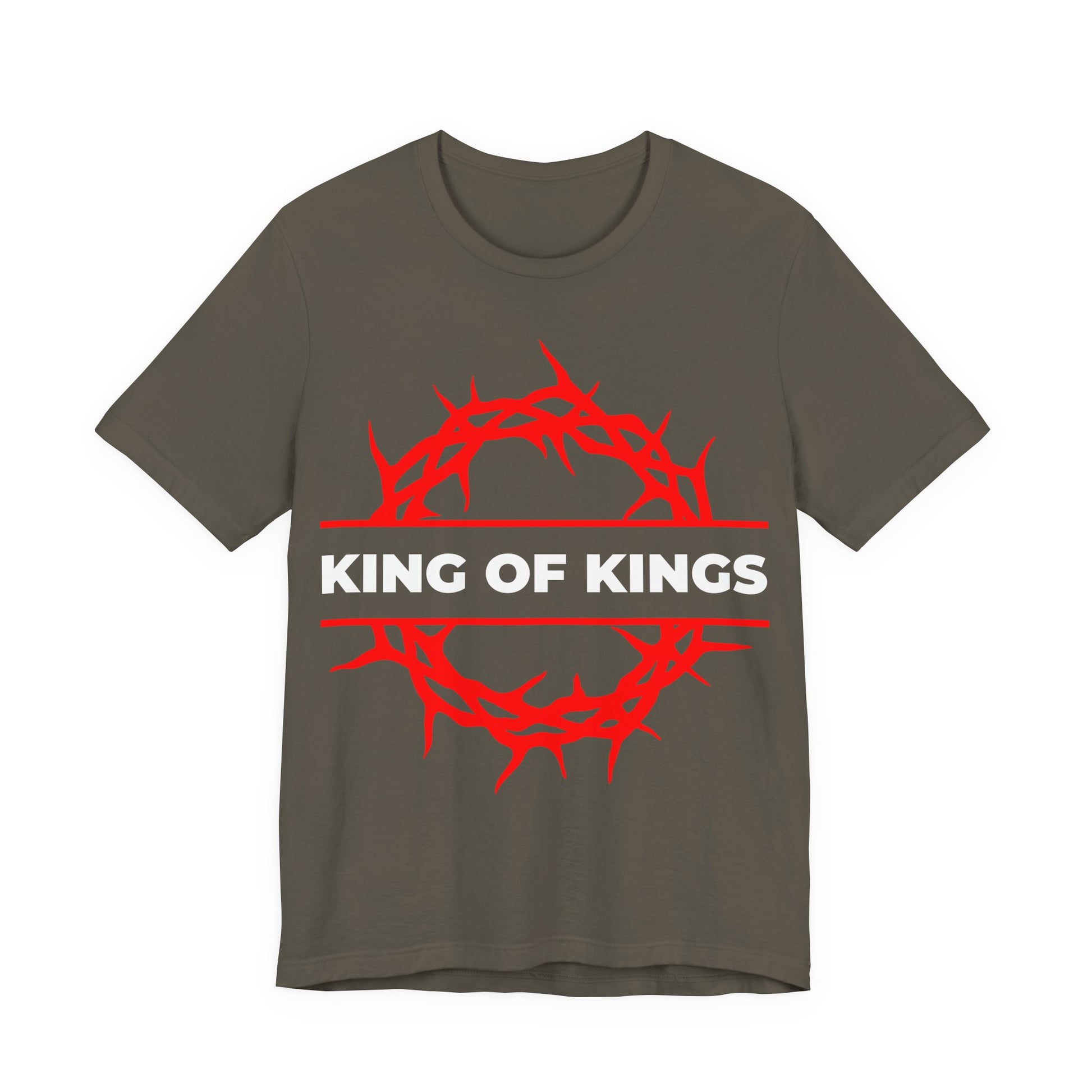 Army unisex cotton tee features a red crown of thorns and white "KING OF KINGS" text, inspired by Revelation 19:16. King of Kings Crown of Thorns | The King of Glory | Christ is King | Orthodox Christian apparel.