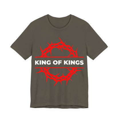 Army unisex cotton tee features a red crown of thorns and white "KING OF KINGS" text, inspired by Revelation 19:16. King of Kings Crown of Thorns | The King of Glory | Christ is King | Orthodox Christian apparel.