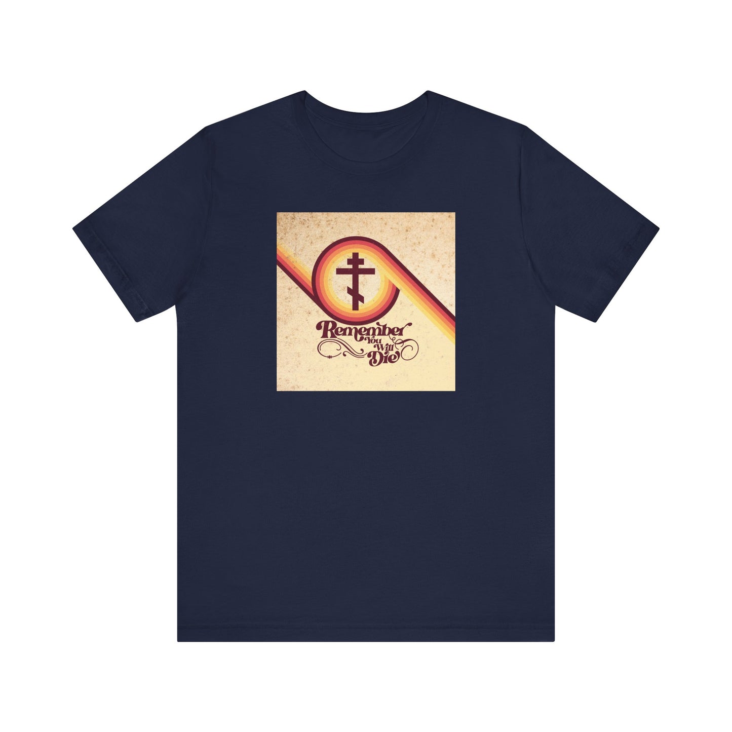 Navy "Remember You Will Die" unisex t-shirt in a lightweight cotton, featuring a 70s aesthetic and Orthodox Christian Memento Mori design—thoughtfully inspired by the parable of the rich fool (Luke 12:16-21).