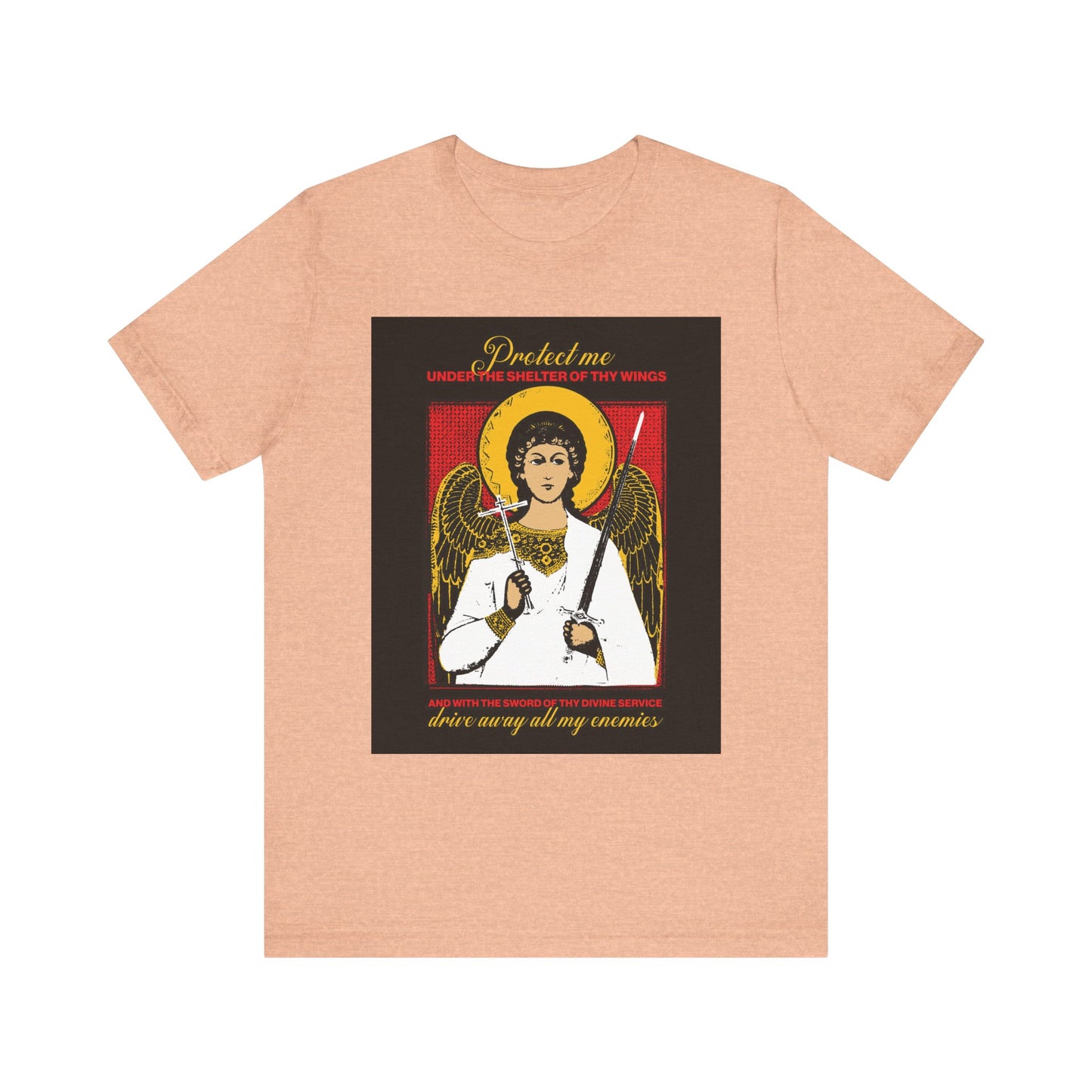 Heather Peach unisex t-shirt featuring the Holy Guardian Angel holding a sword & cross icon, with a protection prayer: "Drive Away My Enemies." Lightweight cotton for comfort and divine protection.