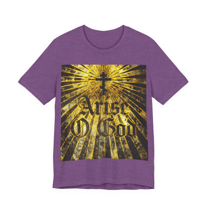 Heather Team Purple T-shirt featuring "Arise O God" from Psalm 81 (82 LXX) in a textured gothic font, golden rays, and an Orthodox cross; reflects Divine Council worldview for Orthodox Christians.
