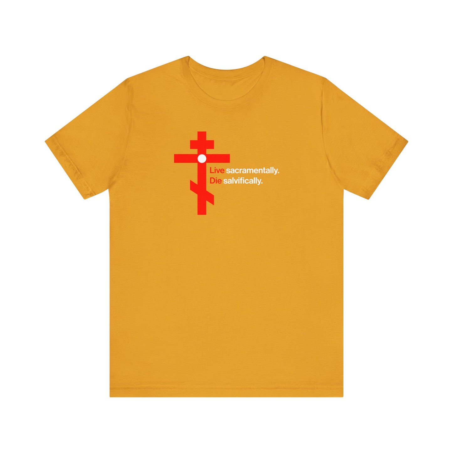 Mustard "Live Sacramentally, Die Salvifically" lightweight cotton tee features a red Orthodox cross in a white circle, inspired by St John Climacus and his teachings on repentance and holy humility. Memento Mori. Unisex fit.