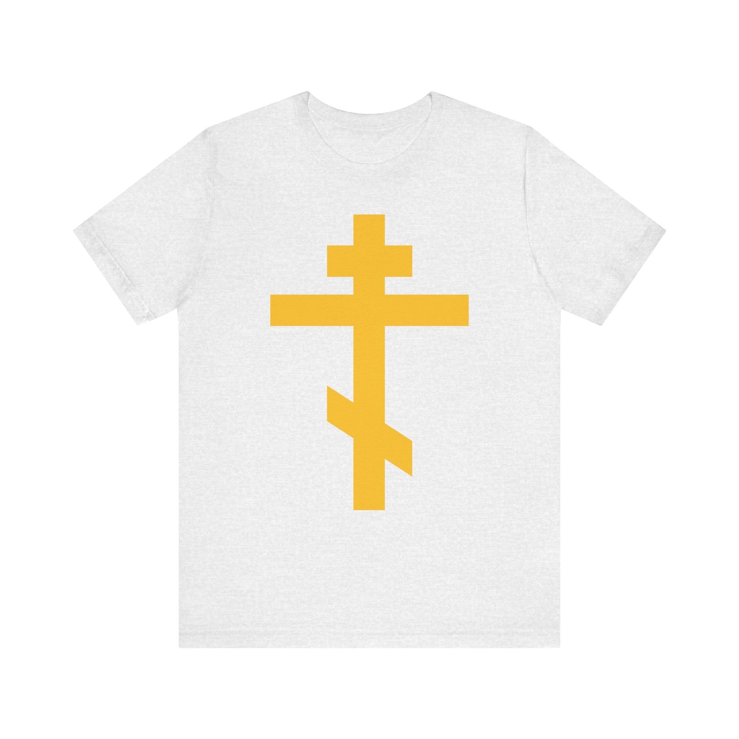 Yellow Orthodox Cross | Precious and Life-Giving Weapon of Unseen Warfare | Scourge of Demons — This lightweight cotton unisex tee features a bold yellow Eastern Orthodox cross on the front, inspired by Galatians 2:20 and the call to be crucified with Christ. A meaningful choice for Christian meditation, reflection, and spiritual warfare.