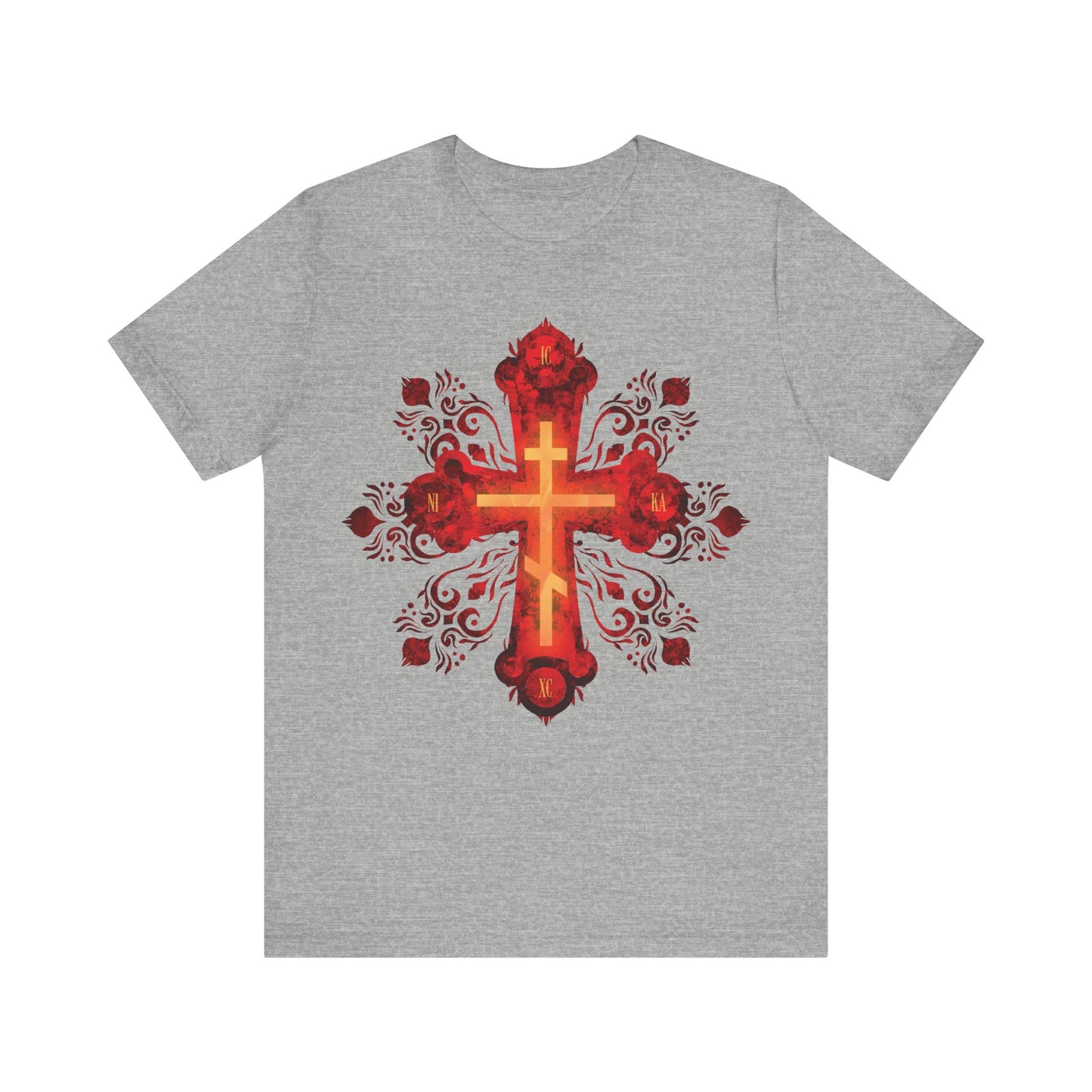 Athletic Heather tee displaying a red & gold ornate Russian-style Precious & Life-Giving Orthodox Cross—“He was pierced for our transgressions.” A unique Christian unisex shirt, perfect for expressing faith and inspiration.