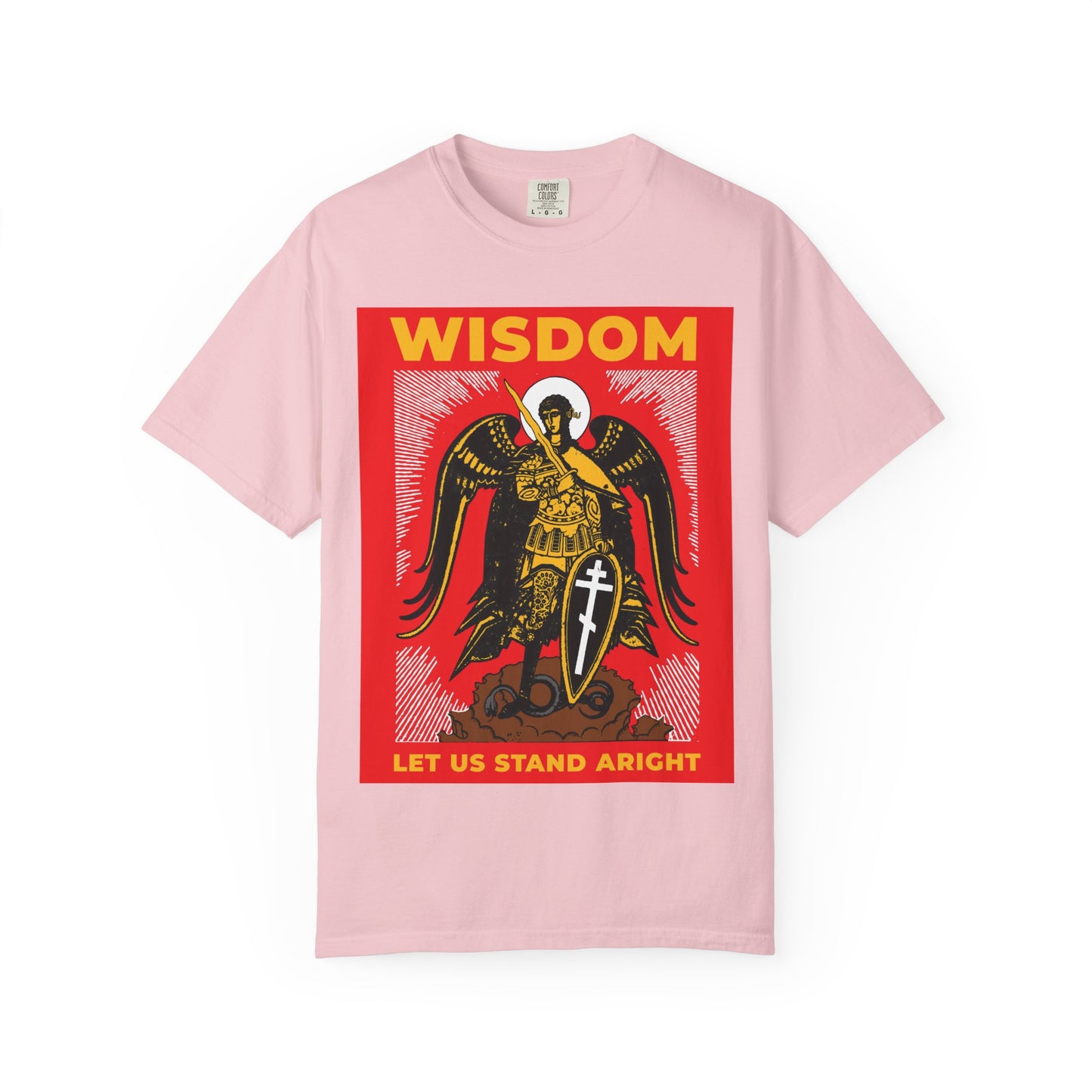 Blossom pink heavyweight tee featuring a Russian illustration of Archangel Michael the Warrior with shield and sword, plus the words WISDOM and LET US STAND ARIGHT—echoing Revelation 12's heavenly battle.