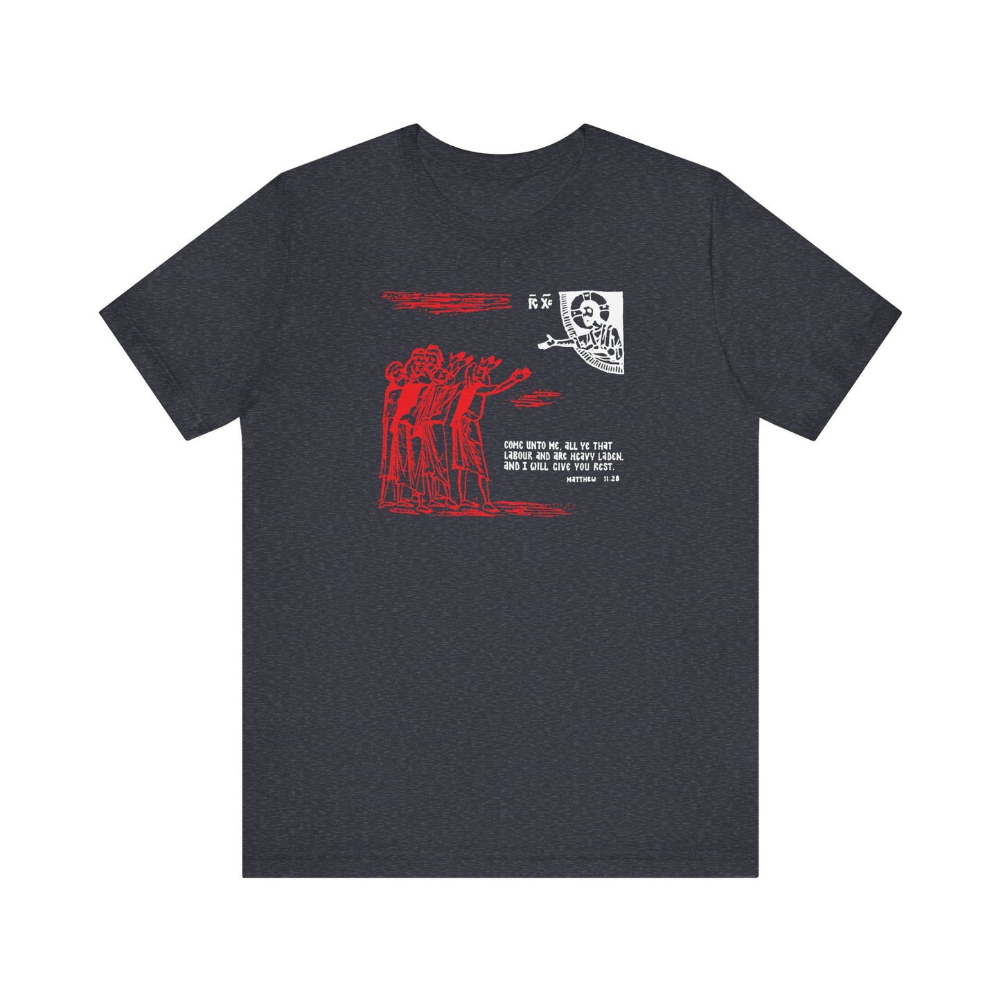 Heather navy cotton T-shirt featuring a red icono-graphic drawing inspired by Orthodox Christianity, showing figures reaching toward a skeleton with a sign and bold white "Come Unto Me All Ye That Labour & Are Heavy Laden (Matt. 11:28)" text.