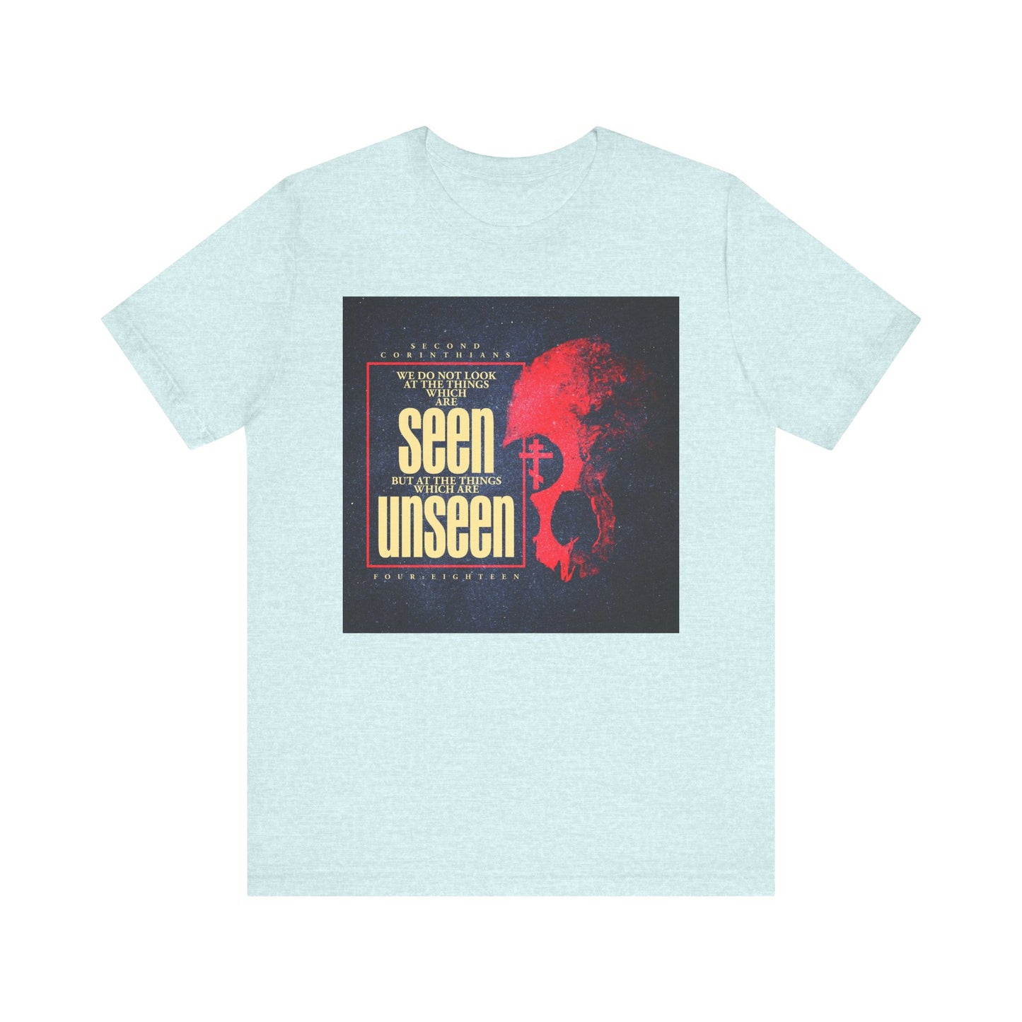 Heather Prism Ice Blue tee featuring a textured red skull and Orthodox cross graphic, with the phrase "We Do Not Look At the Things Which Are Seen" inspired by St. Paul—reflecting our journey toward an eternal weight of glory.