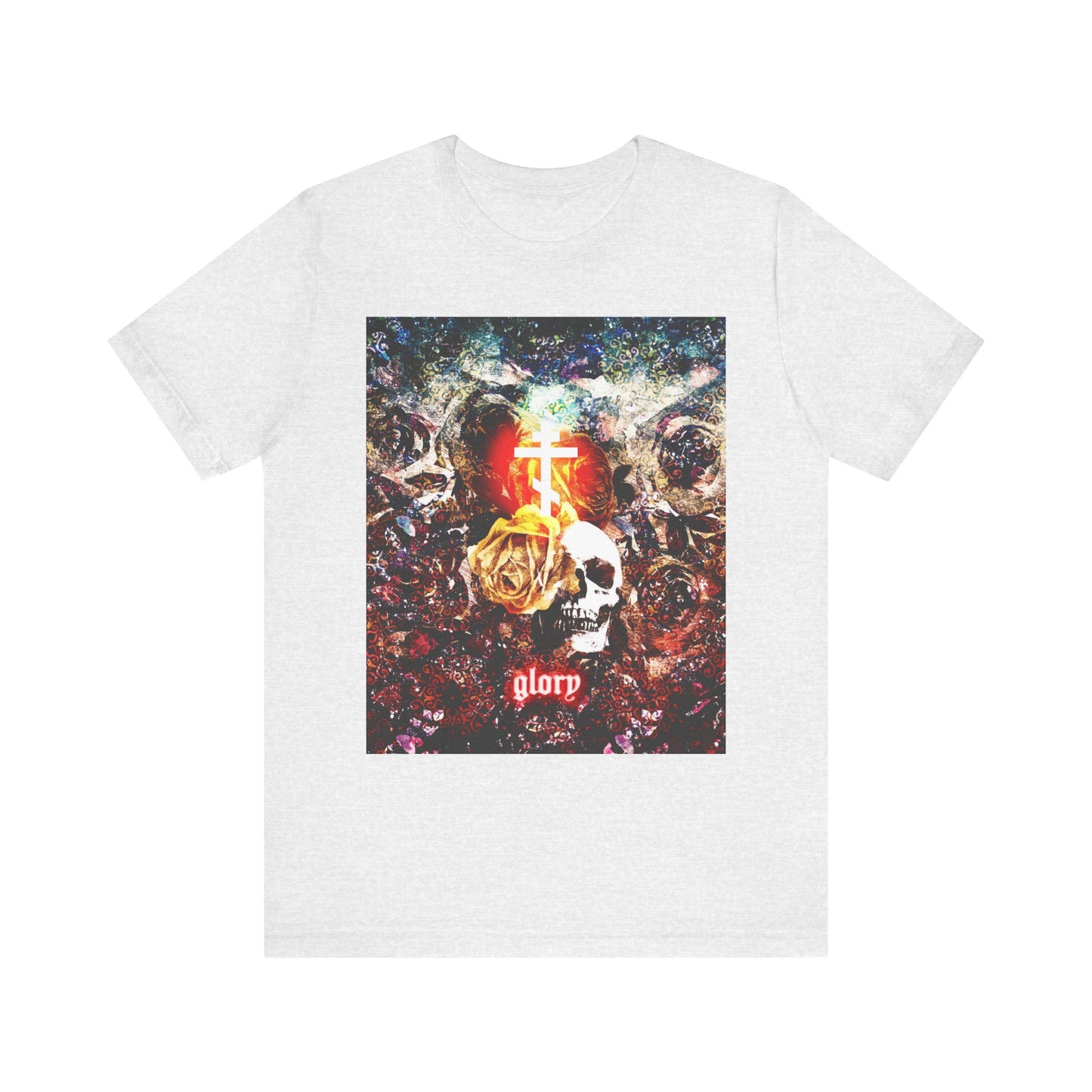 Ash t-shirt featuring the "Now the Son of Man is Glorified (John 13:31)" design—a glowing skull and floral cross motif with bold "glorp" lettering on a vibrant background, offering an Orthodox Christian artistic nod to Jesus’ betrayal by Judas at the Last Supper.