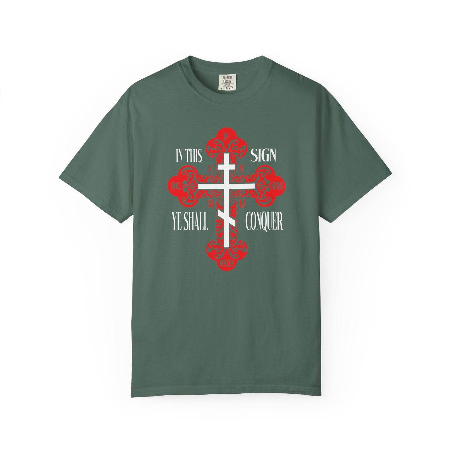 Blue Spruce heavyweight cotton unisex t-shirt featuring a red ornate Orthodox cross with "In This Sign Ye Shall Conquer"—a bold statement of faith and victory in Christ.