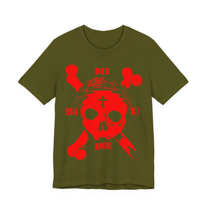 Olive Die Before You Die t-shirt featuring a retro skull, crossbones, Orthodox cross, and laurel victory wreath. Inspired by the ascetic Christian call of Matthew 16:24-25—Memento Mori and deny yourself.